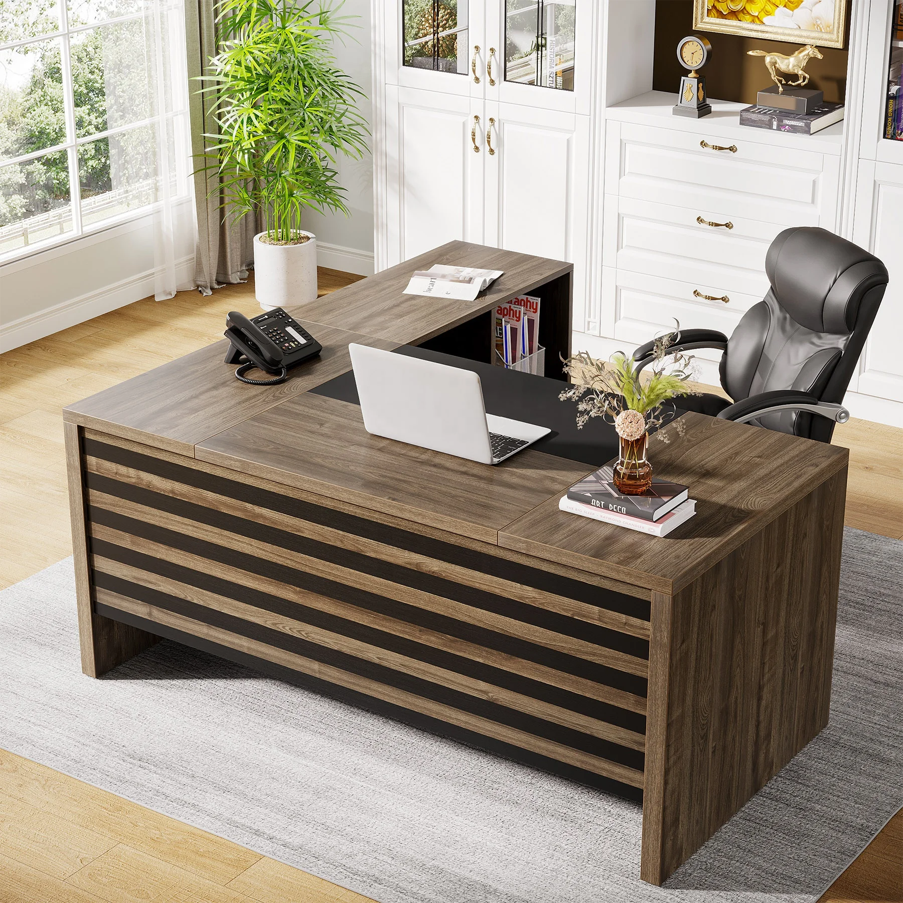 as-Modern Classic MDF Wood Panel L-Shaped CEO Executive Desk with Convertible Computer Desk Mobile File Cabinet for Office@