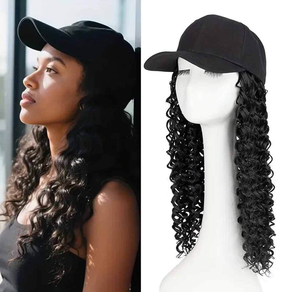 

Hat Wig 25" Baseball Cap Wig Curly Hair Adjustable Hat with Hair Extensions Attached Synthetic Tresses Wavy Hairpiece for Women