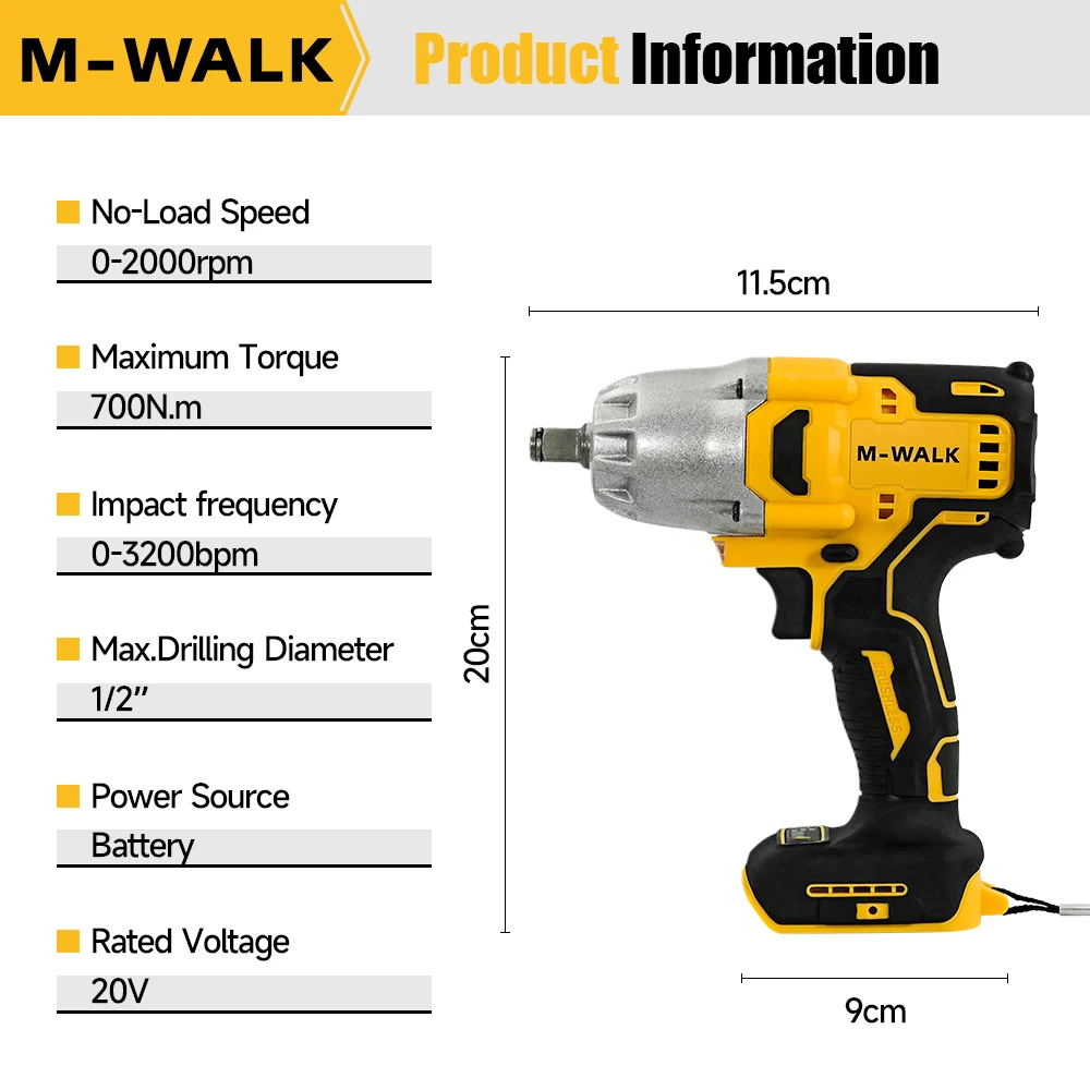 M-WALK 700N.M Torque Brushless Electric Impact Wrench 1/2 Inch Cordless Wrench Screwdriver Power Tool For Dewalt 20V Battery Pin