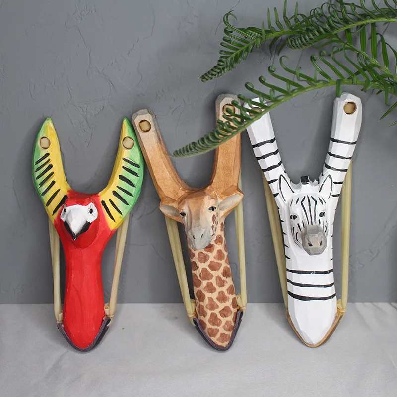 Creative Wood Carving Animal Slingshot Toy Cartoon Animals Hand-Painted Wooden Statue Doll Crafts Kids Favorite Gift for Outdoor