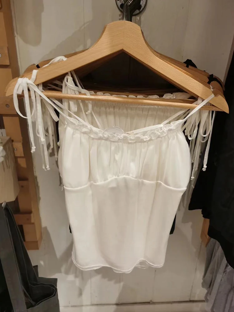 Vintage Lace-up Folds Mesh Tank Tops Women Summer White Sexy Sleeveless Slim Camisole Vests Summer Solid Sweet Crop Top Y2k
