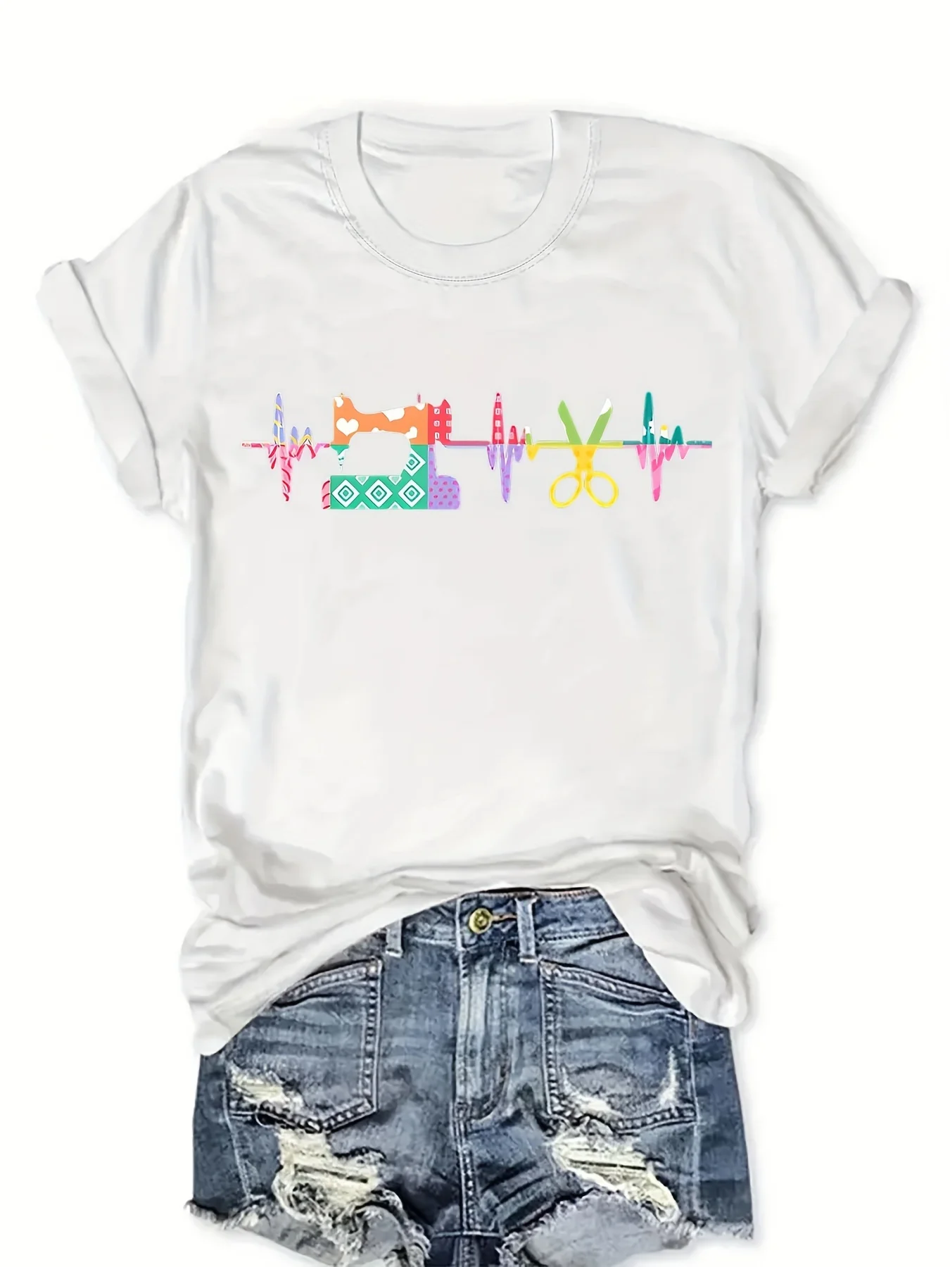 Women's Sewing Machine Graphic T-Shirt Black Casual Short Sleeve Crew Neck Top with Vibrant Color Block Design, Machine Washable