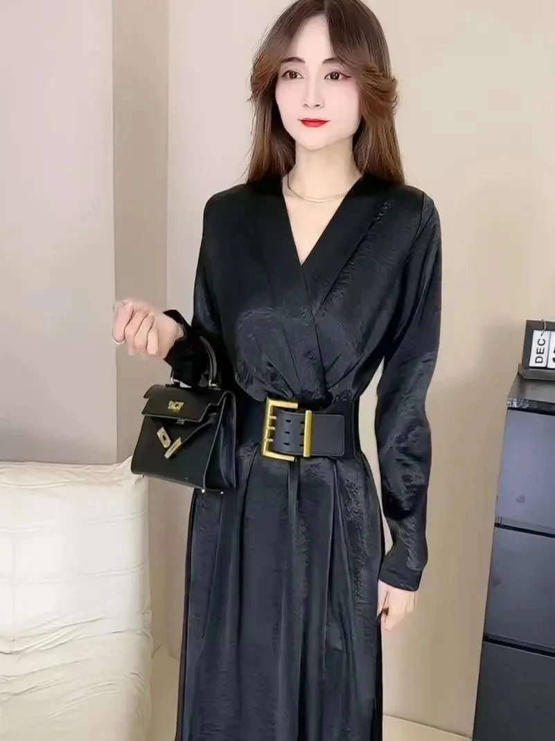 Ele Bla Satin V-Ne A-Line Dr Women's Faion Sle Waist-Cinching Autumn New Arrival Long Sve Daily Wear