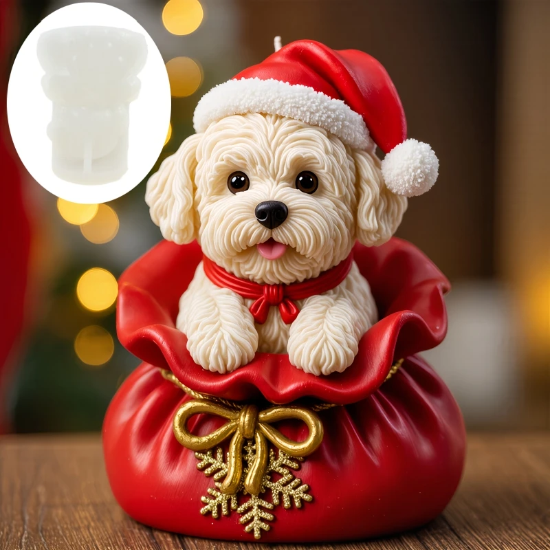 Bolsa de regalo con lazo, sombrero de Navidad, vela para perro, molde de silicona, lindo molde de resina para perro, taladro, bolsa de regalo de Navidad, sombrero, bolsa de regalo para perro, moldes de yeso