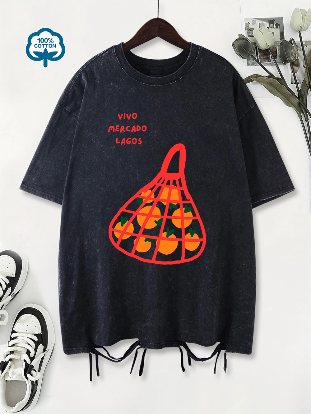 Summer Washed T-Shirt Women Cotton A Bag Of Fresh Oranges Printing T Shirt Fashion O-Neck Oversized Tops Hip Hop Womans Clothes