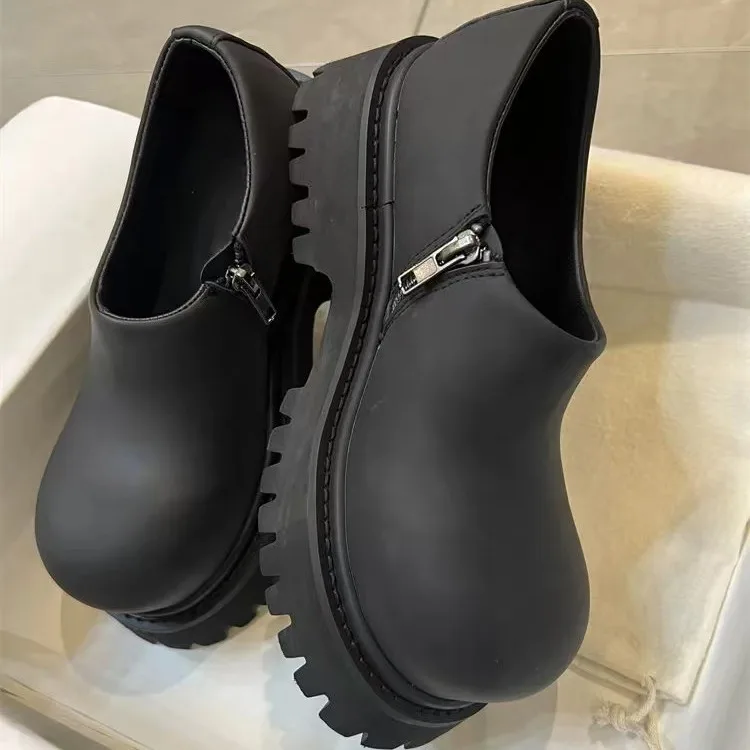 

Big Head Leather Spring 2025 New British Style Zipper One-pedal Thick-soled Round Head Low-top Derby Single Shoes Women