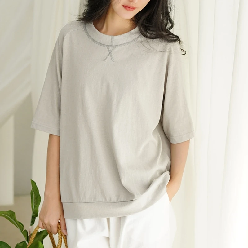 Spring Autumn Pullover T-shirt Women Designed Casual Hundred Bottom Shirt Loose Feeling Tops Chinese Style Retro Cotton