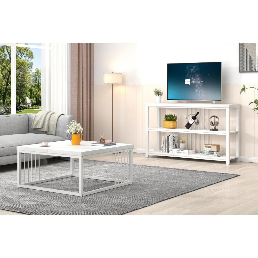 طاولة قهوة بيضاء، طاولة مركزية حديثة من الخشب والمعدن الريفي، طاولة شاي كوكتيل صناعية بسيطة لغرفة المعيشة، 31.5 بوصة #6