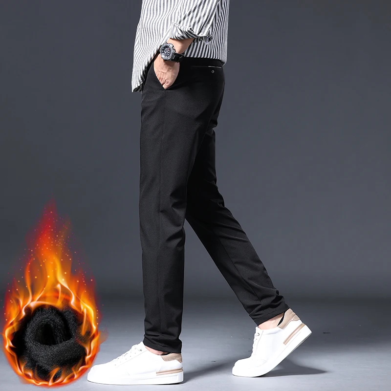 Thick Men's Casual Pants Winter New Slim Business Straight Trousers Velvet Warm Solid Color Fashion Classic Male Plush Trousers