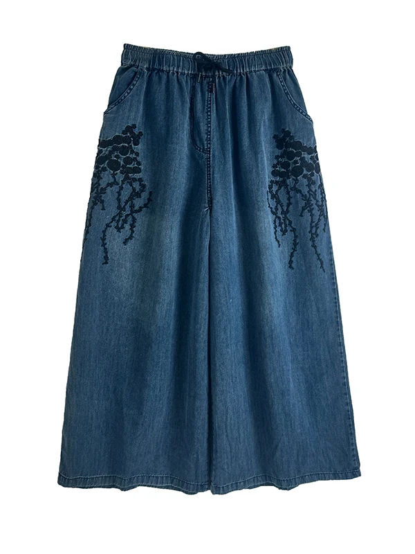 Calça jeans waed bordada pesada, cintura alta, ajuste solto, calças casuais, mistura de algodão e poliéster, verão, moda para mulheres plus size