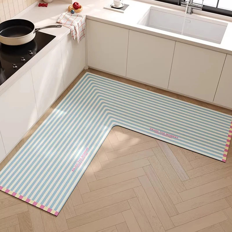 Kitchen Floor Mat Long L-shaped Rug Waterproof and Non-slip PVC Leather Carpet Minimalist Striped Rugs 주방 카펫 Alfombras De Cocina