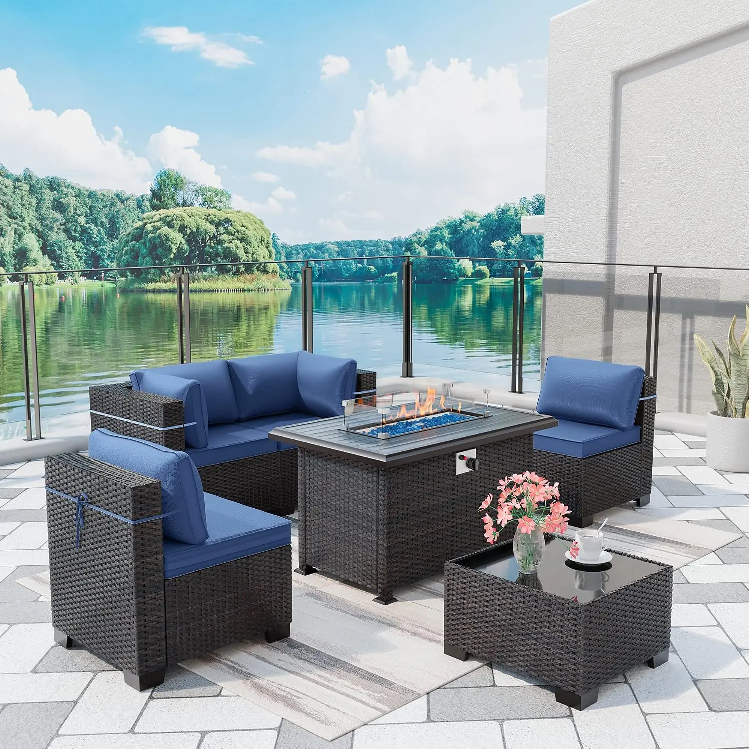 6-Piece Outdoor PE Rattan Sectional Sofa Set w/43 Propane Gas Fire Pit Coffee Table for Patio Garden, Customized