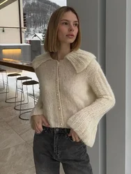 Fashion Long Flared Sleeve Lapel Women's Cardigan Single Breasted Solid Color Knitted Sweater New Warm Female Commute Streetwear