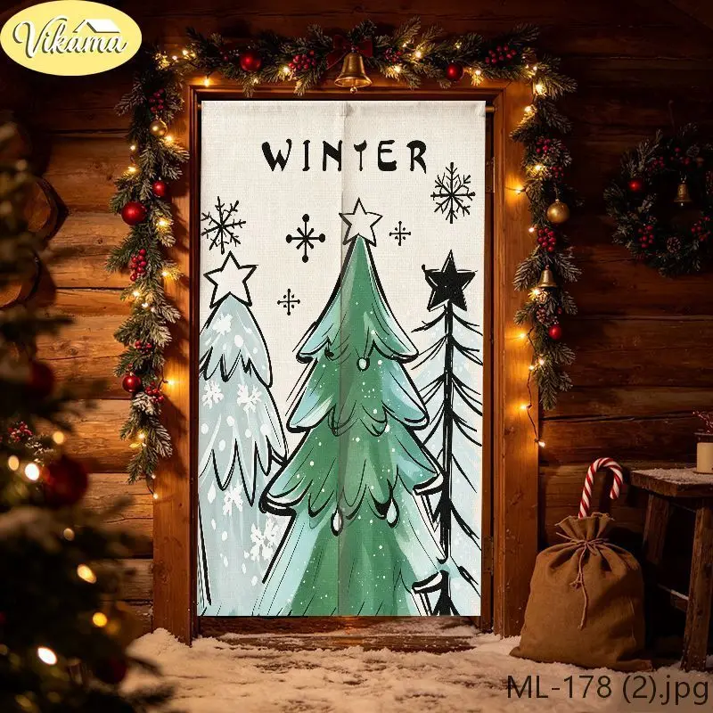 VIKAMA Christmas Half Length Curtain Black White Checkered Christmas Tree Fabric Curtain Christmas Themed Cozy Home Decor