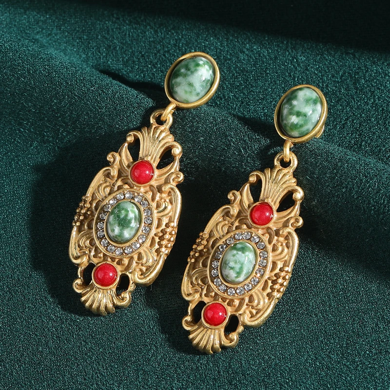 

Vintage Green Natural Stone Drop Earring Palace Antique Gold Color Rhinestone Jewelry For Women Accessories Thanksgiving 2025