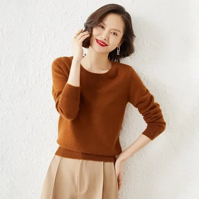 Suéteres jersey de cuello redondo para mujer mantiene el calor mangas largas camisa de fondo de Color sólido Otoño Invierno estilo de desplazamiento de Cachemira