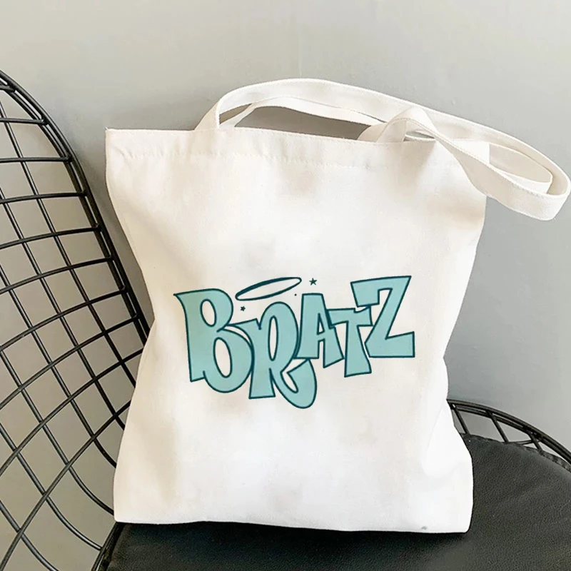 Bratz-Bolso de compras de lona con estampado de letras para mujer, bolsa de hombro de algodón, ecológico, reutilizable, para compras