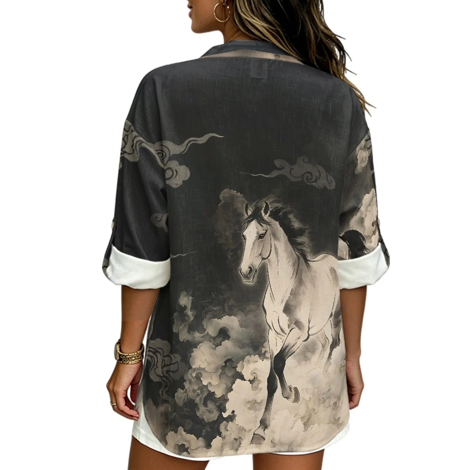 PENSTROLL Ink Painting Horse Loose Women's Long Sleeve Shirts for Ladies Linen Like Loose Fit Blouses Dressy Casual Blouses
