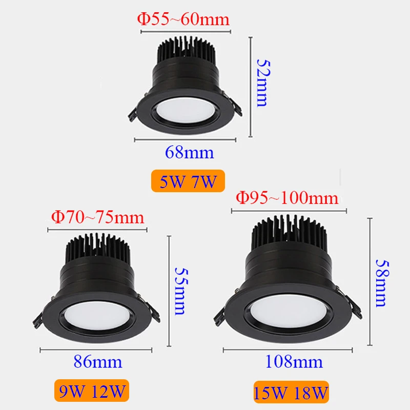 Dimmable Recessed COB LED Downlight 5W 7W 9W 12W 15W 18W Anti Glare LED Ceiling Lights AC85~265V Background Lamp Indoor Lighting