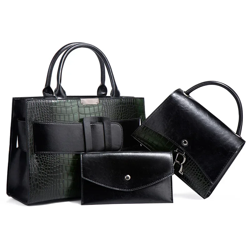 TRAVEASY 2024 PU Leather Classic 3 Pcs Set Box Bag Women Crocodile Pattern Square Buckle Ladies Purses Shoulder Bag and Handbags