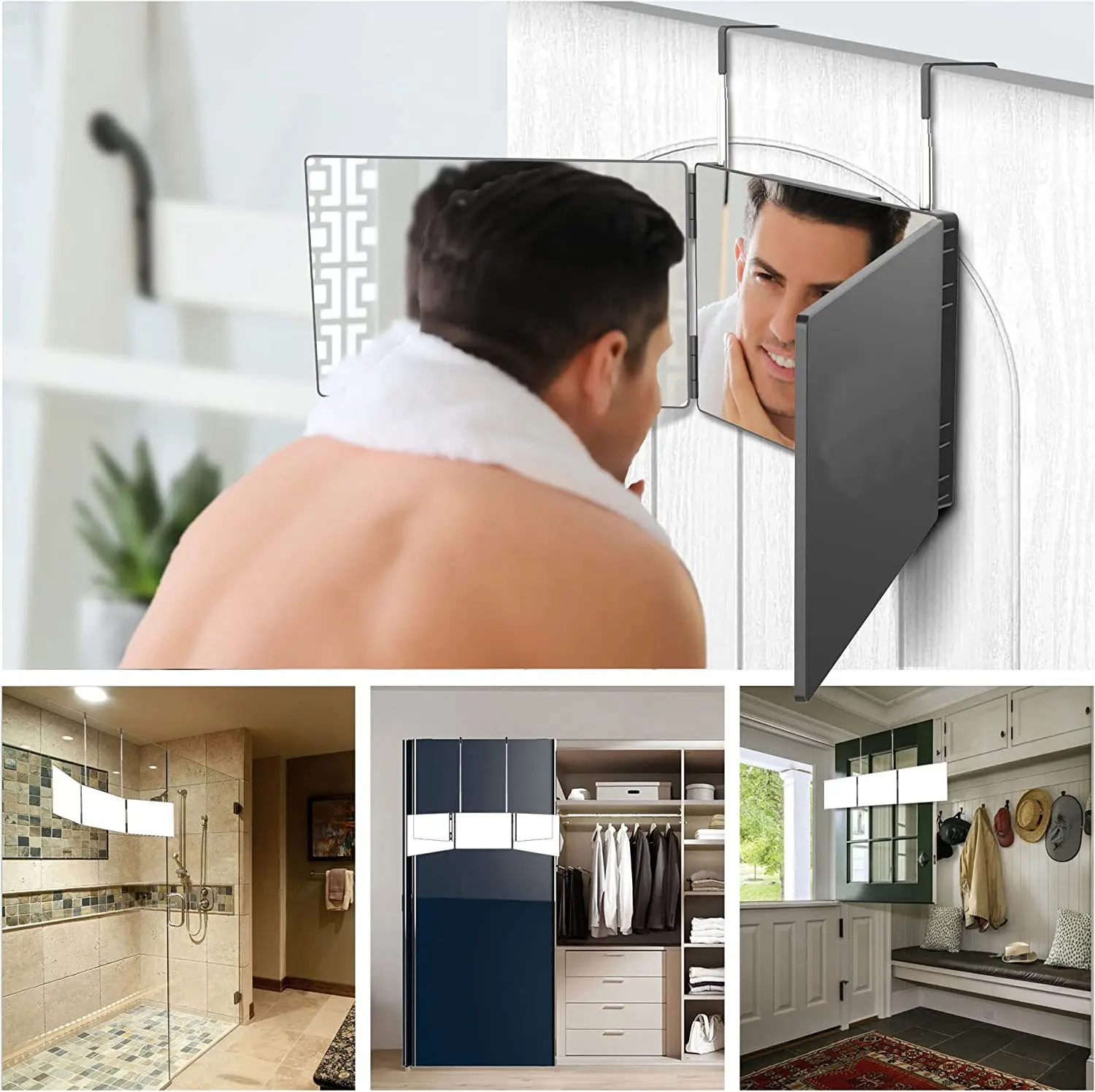 Portable 3 Ways Fold Makeup Mirror 360° Observable Hanging Hook Height Adjustable Home Mirror For DIY Haircut Cosmetic Shaving