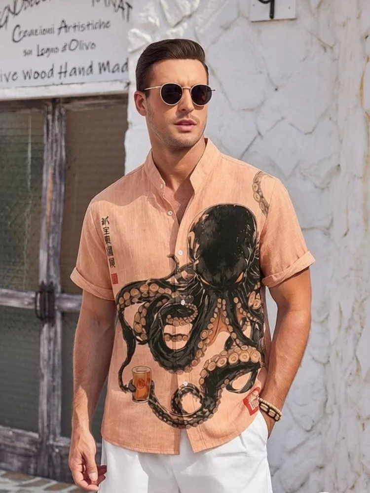 Holiday Ukiyo Octopus Art Print Shirts Men Short Sleeve Single Breast Buttons Down Chic Tops Fashion Summer Tunics