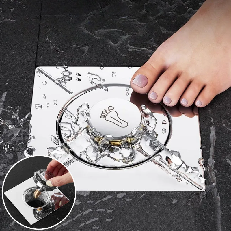 Pop Up Foot Floor Drain 10*10cm Anti-odor Bath Drains Push Down Deodorization Square Matte Shower Room Plug Cover for Home