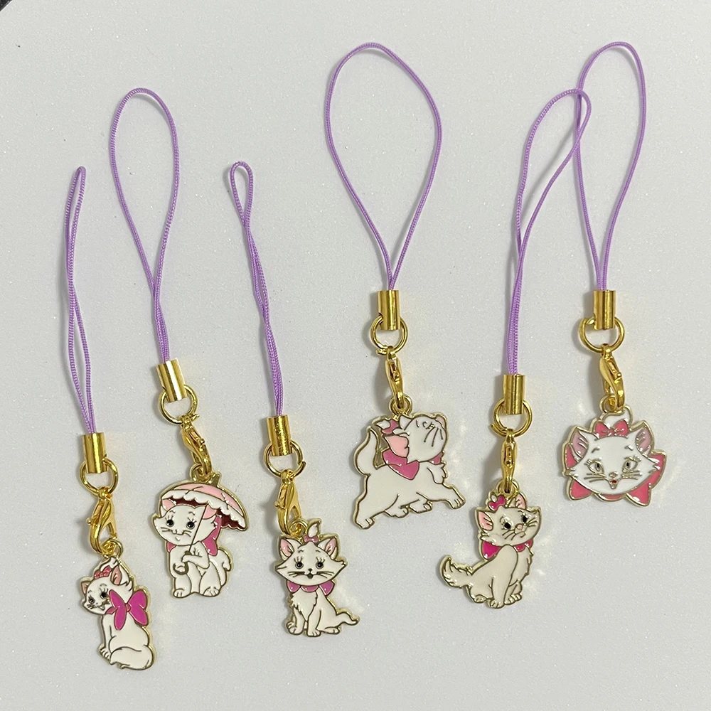 6 uds Disney Marie Cat cadena de teléfono dijes llaveros de moda cordón para llaves correa accesorio móvil