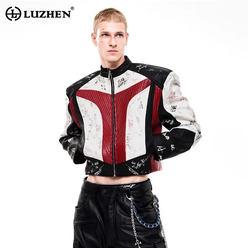 LUZHEN Fashion Original Color Contrast Splicing Design Short Motorcycles Leather Jacket Men's 2025 New Stand Neck PU Coat JY4582