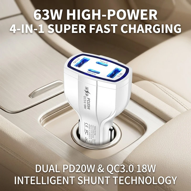 63W Fast Car Charger 4 Ports Dual Type C PD 20W QC 3.0 USB A Auto Adapter Intelligent Shunt For Mobile Devices Tablet For iPhone