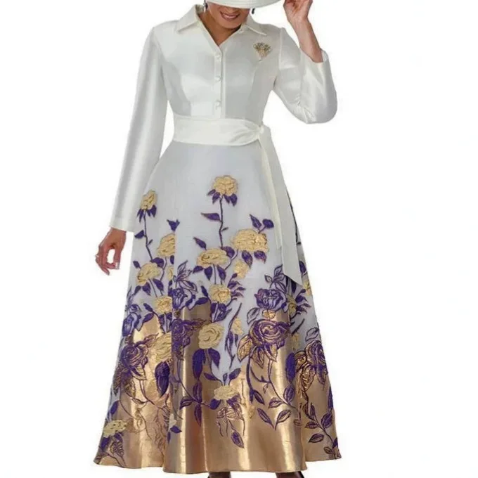 QMANSHA Abito Lungo Elegante Plus Size Bianco Floreale Jacquard con Colletto a Camicia, Maniche Lunghe e Cintura, per Cerimonie, Feste e Matrimoni