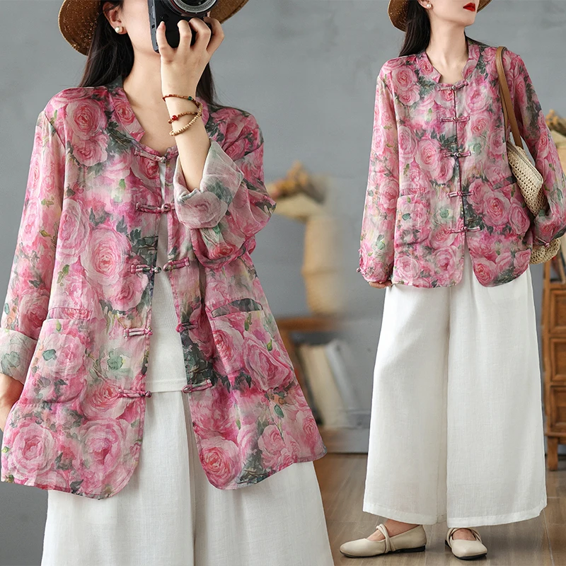 

Китайский Sle с принтом пиона, хлопково-льняной тюре, женский свободный кардиган большого размера с воротником-стойкой на пуговицах, топ на осень