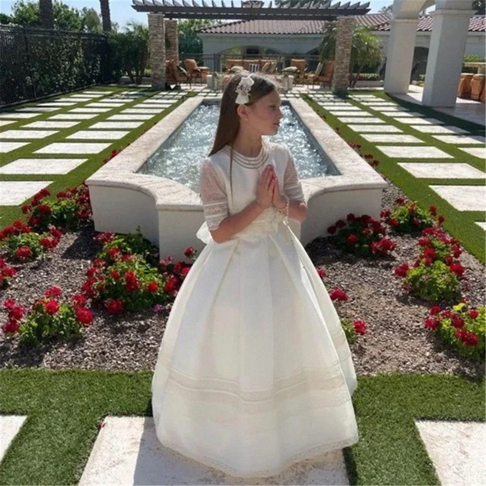 Lovely Flower Girl Dress Half Sleeve White Lace Bow Sash Tulle Appliques Long Child Wedding Party Kids Birthday Evening Dresses