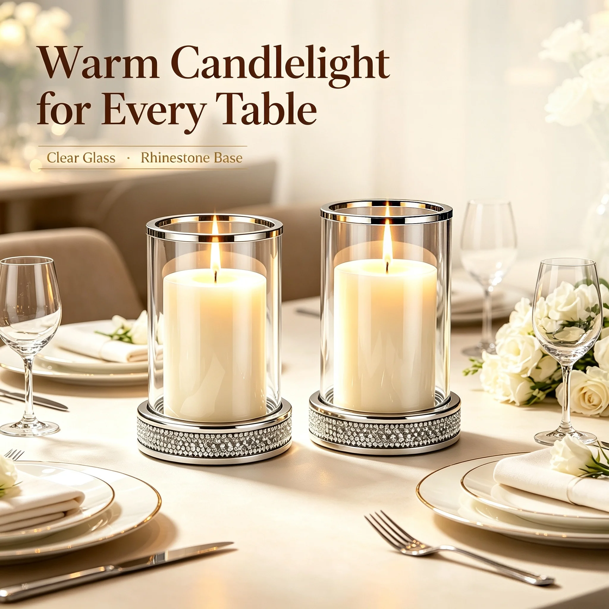 Sparkling Inlaid Base Candlestick Sliver Glass Windproof Cylinder Candle Holder for Dinner Table Mantel Window Home Aesthetic De