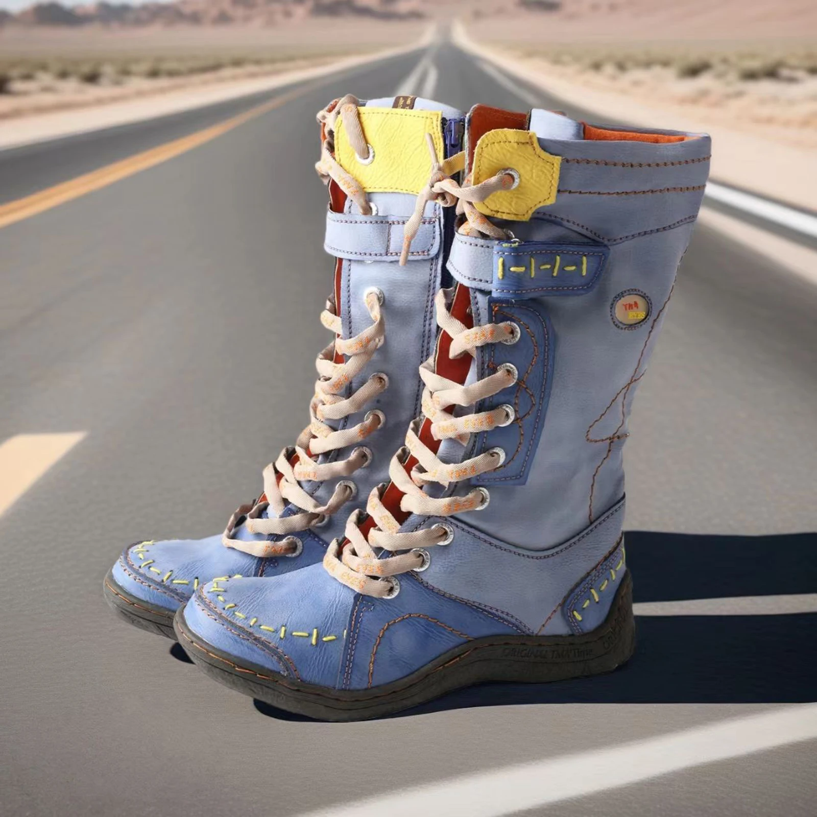 

TMA EYES Spring Autumn Classic Casual Simple PU Women's Flat Bottom Solid Color Middle Top Boots