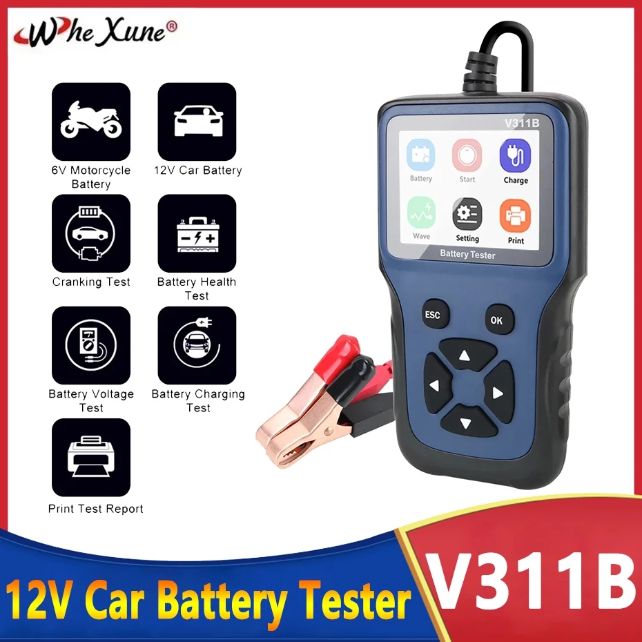 

V311B 12 В детектор автомобильного аккумулятора, измерение качества аккумулятора, емкость, мощность, напряжение, срок службы, цифровой дисплей, детектор батареи, общий