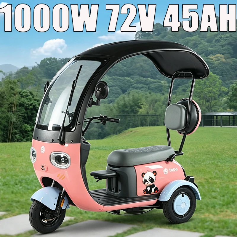 E-Trike 1000W72V45AH Windproof Rainproof Electric Scooter Adult Senior, Parent-child Vehicle For Daily School Kids Pickup Travel