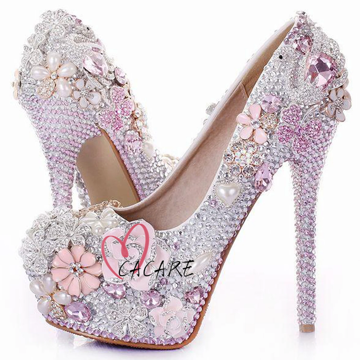 CACARE Luxury Wedding Shoes Pearl Flowers Full Rhinestones Pearl Platform High Heels Customized Bridal Shoes Cinderella F2800