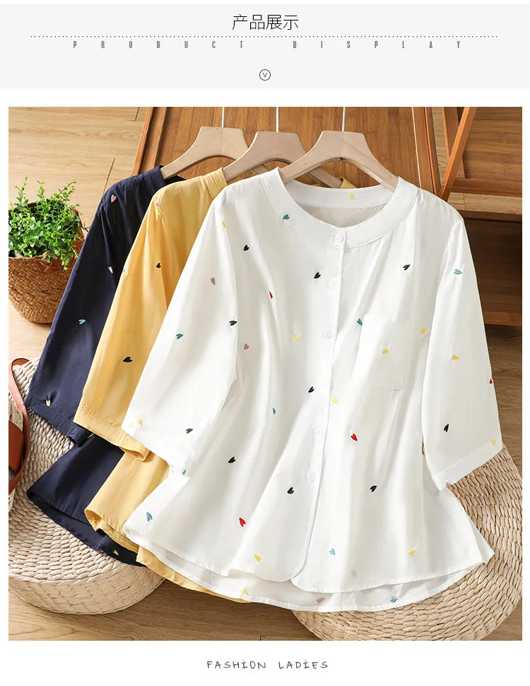 

Women's Navy Blue Heart Embroidery Blouse Stand Collar 3/4 Sleeve Button Down Shirt Chest Pocket Harajuku Chic Mori Girl Outfits