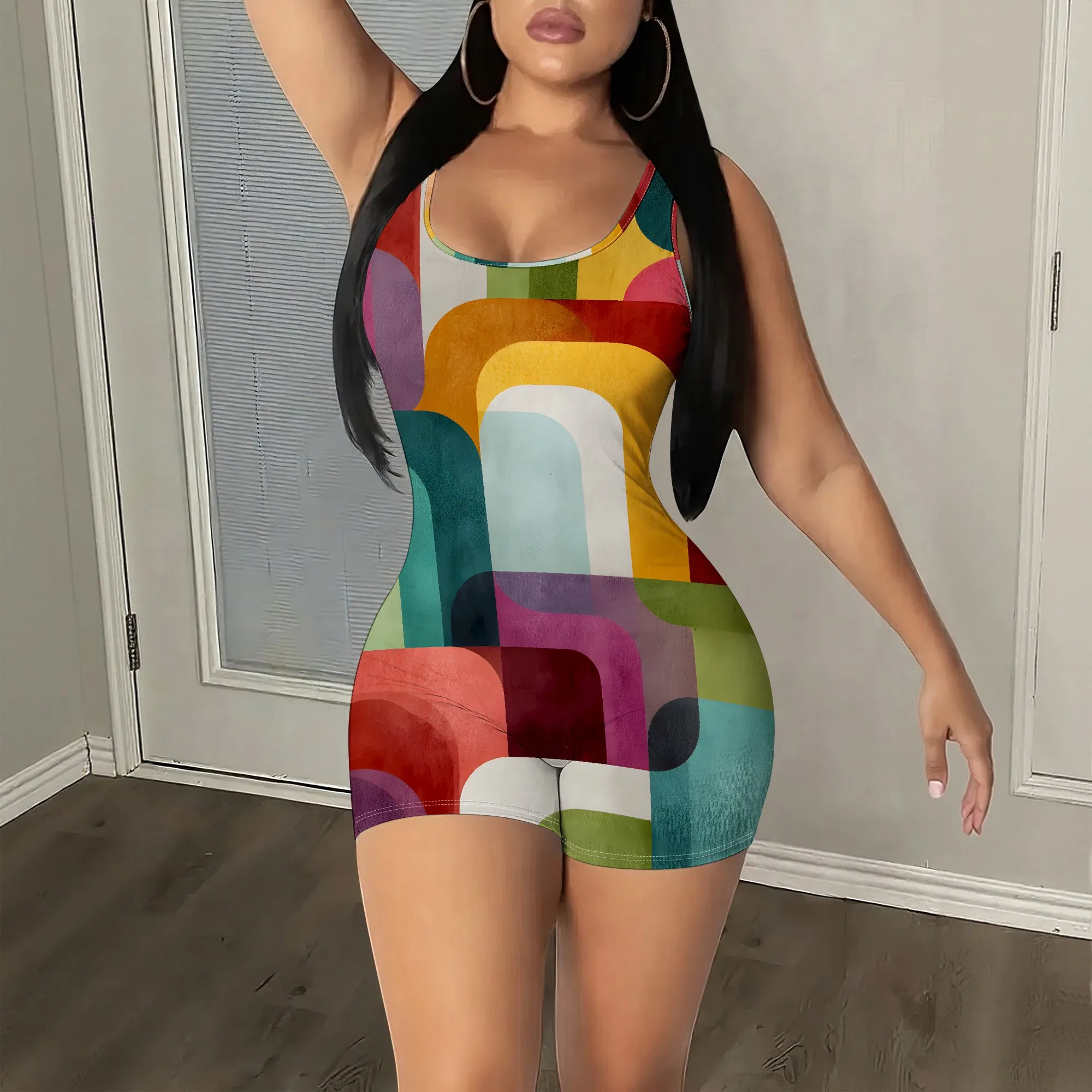 Colorful Geometric Print Sleeveless Romper, Retro Abstract Art Jumpsuit, Summer Bodycon Playsuit for Women, S-2XL