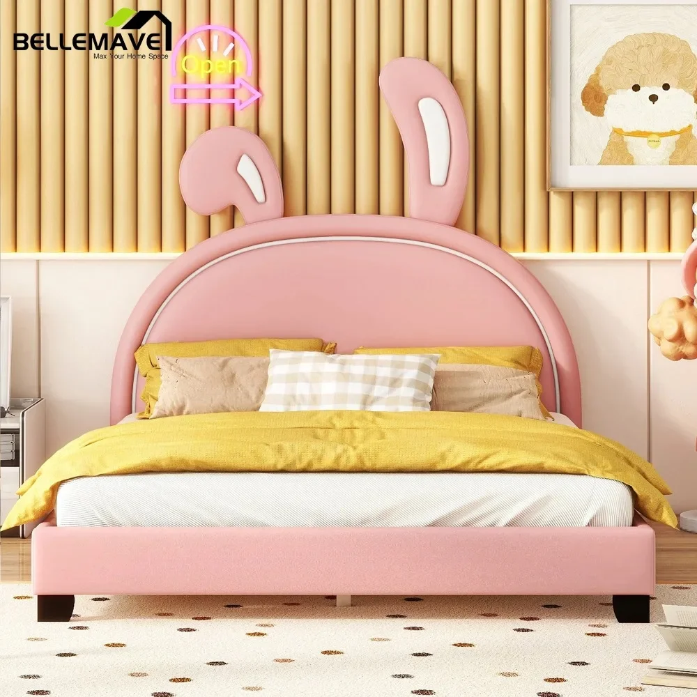

Modern Full Upholstered Kids Princess Full Pinewood Platform Beds with Bunny Headboard, Children Beds