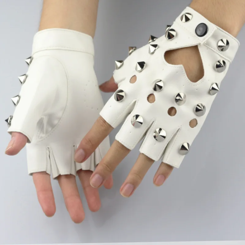 Punk DS Metal Leather Gloves Female Half Finger Spice Girls Function JK Baring Fingers Lo Personality Cool Tip Rivet PU