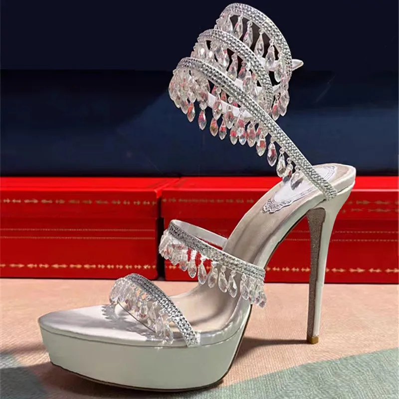 

Arden Furtado 2024 Summer Silk Round toe Platform Super high heel Crystal Serpentine winding belt Party Open toe Sandals