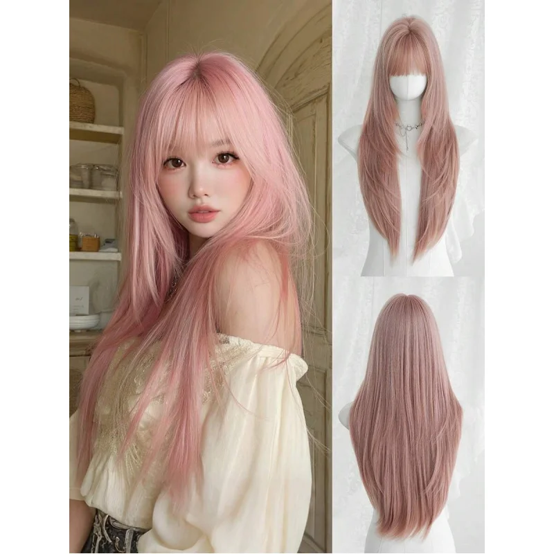 

Long Layered Straight Synthetic Wig With Bangs – Dark Roots, Heat Resistant, Soft, For Daily, Festival, Cosplay, Gift