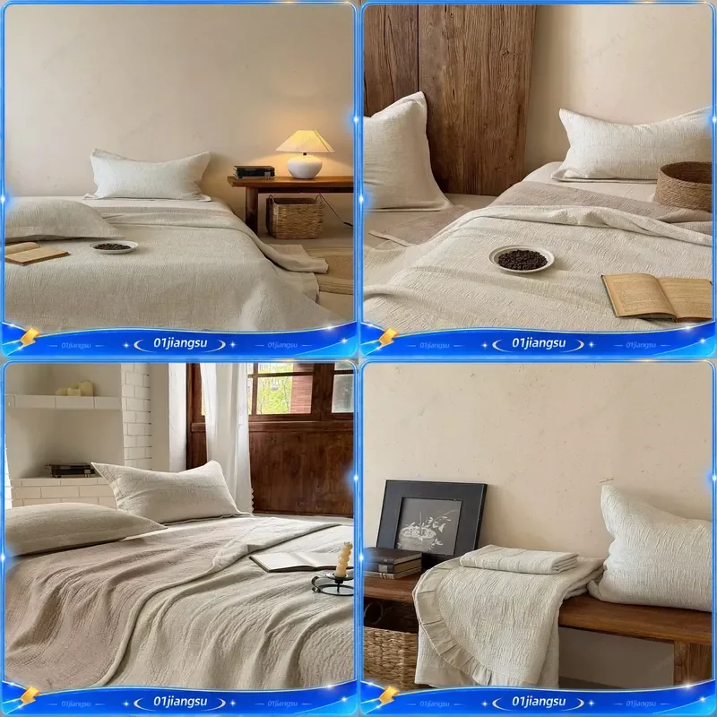 Luxury Cotton Linen Jacquard Bedspread 3 Piece Set Enzyme Washed Soft Breathable Bed Cover All Season Lightweight Quilt Home