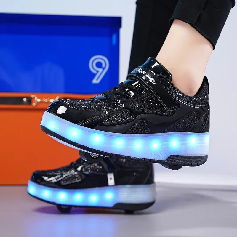 Zapatillas luminosas de dos ruedas para niños y niñas, zapatos de Skate con luz Led Rosa, con carga USB