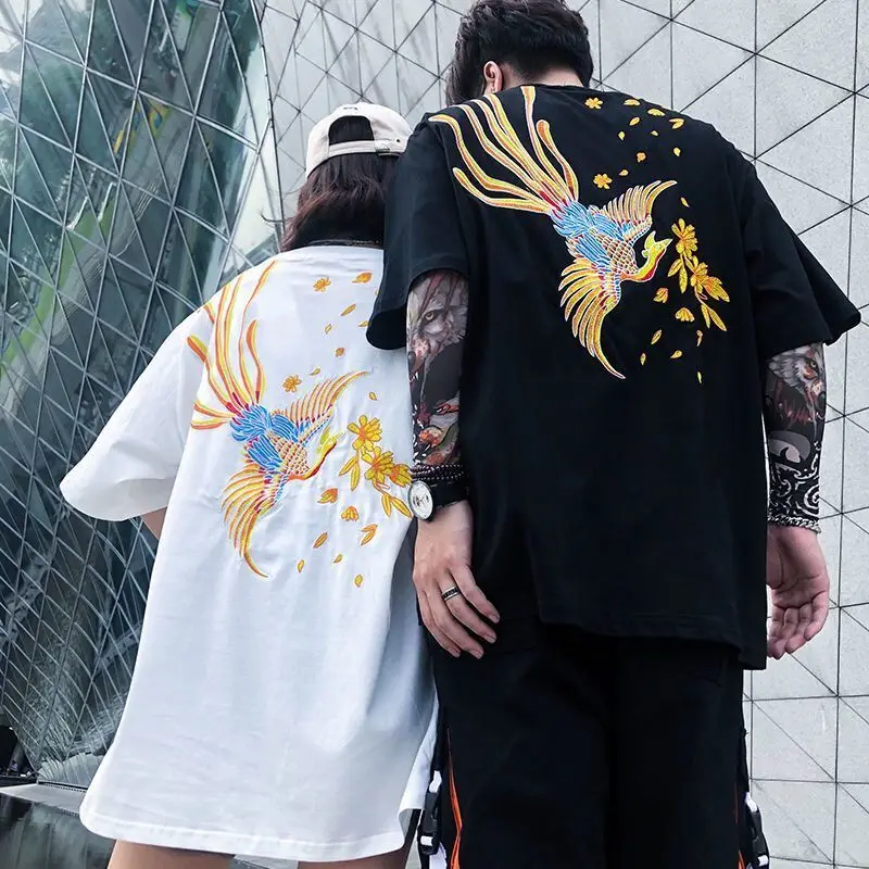 2024 Summer Chinese Style Unisex Short Sleeve T Shirts Phoenix Graphic Embroidery Tshirt Teenagers Couple Matching Streetwear