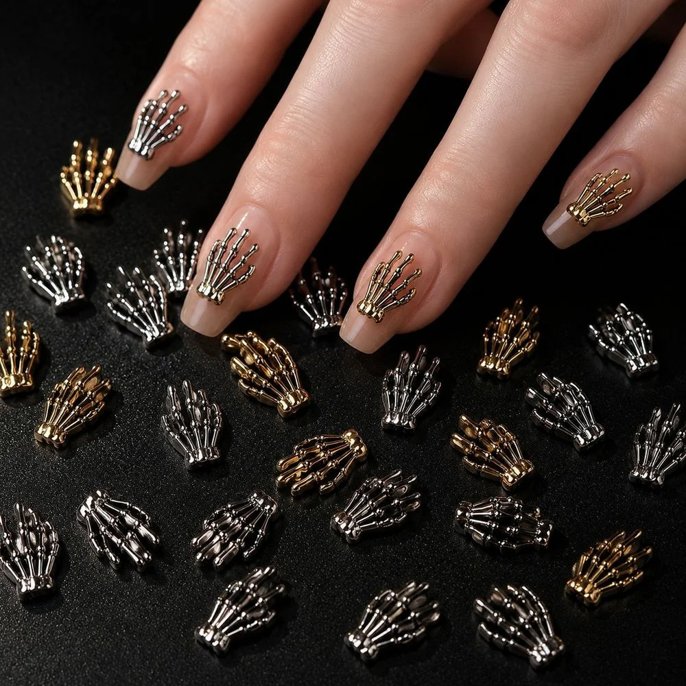 10Pcs Vintage Alloy Skeleton Hand Nail Charms 3D Skull Hand Nail Ornament Punk Gothic Nail Art Accessories For Festival Manicure
