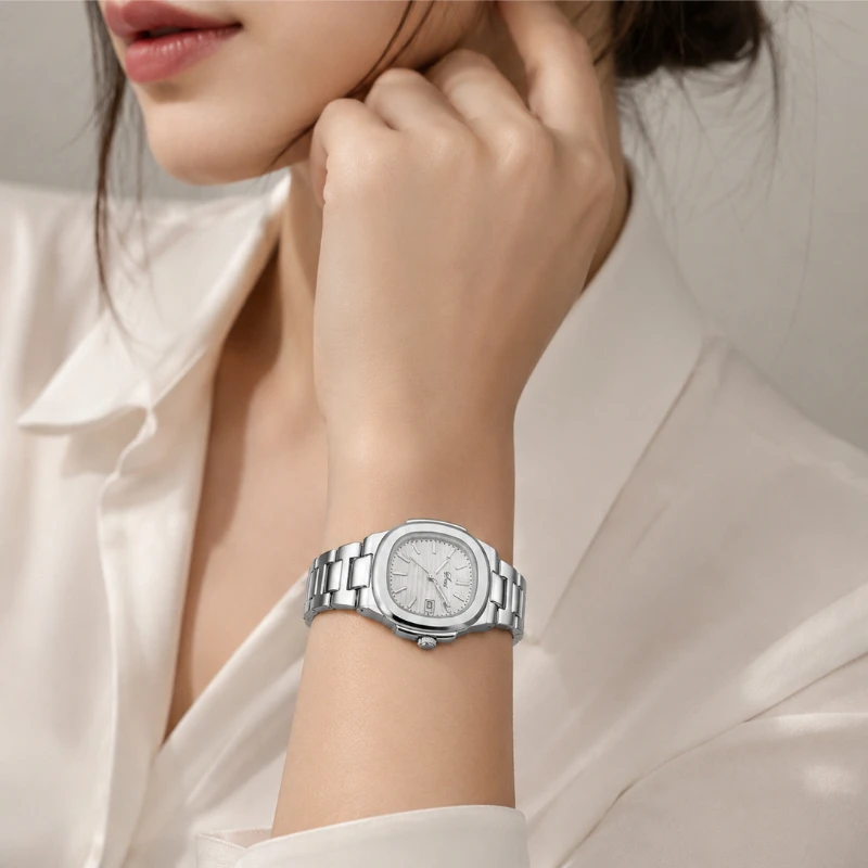 Luxury Silver Square Women Watch Fashion Light Blue Dial Stainless Steel Bracelet Quartz Wristwatch Simple Elegant Ladies Watch
