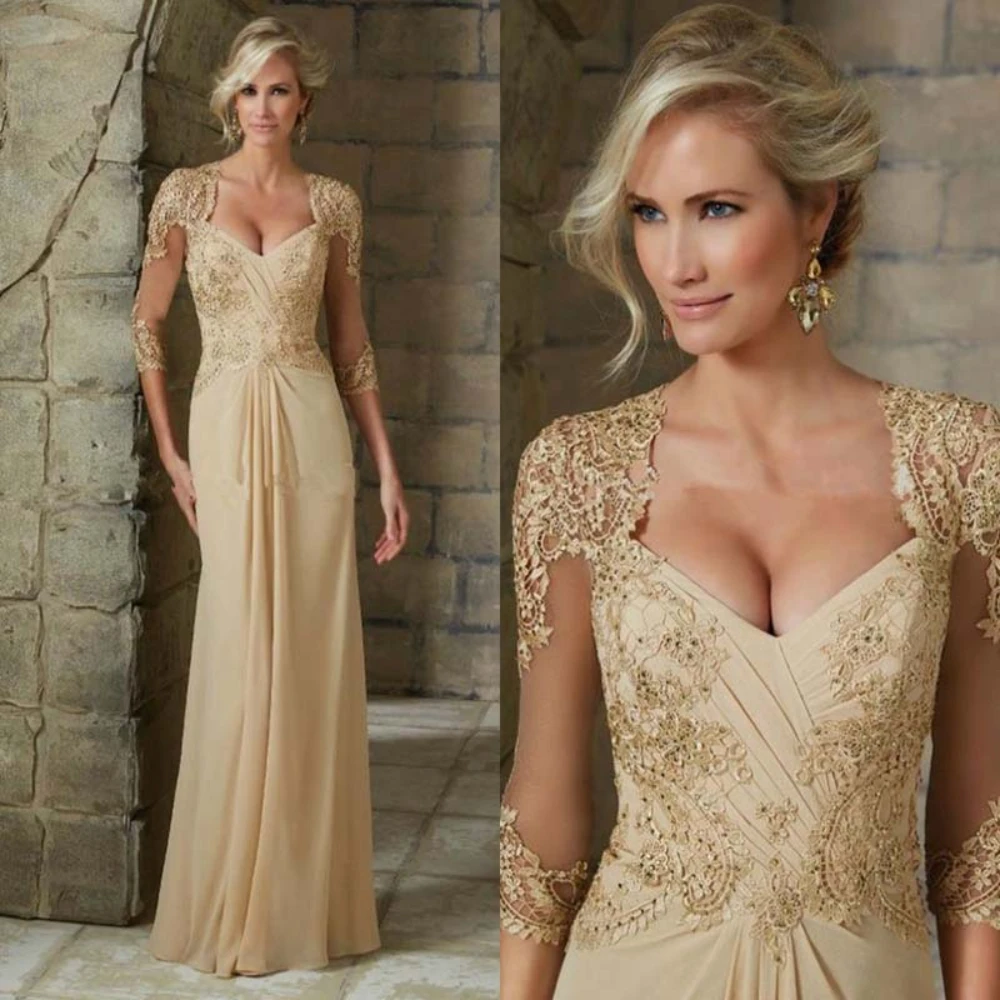 

Gorgeous Champagne Chiffon Lace Plunge Neck Mother Of The Bride Dresses With 3/4 Sleeves Wedding Party Jackets Back Out